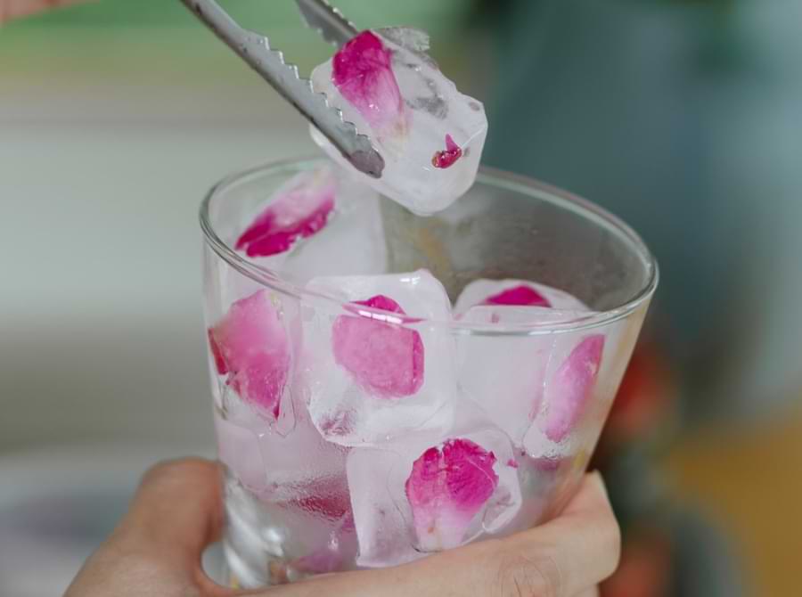 add rose petals to ice cubes